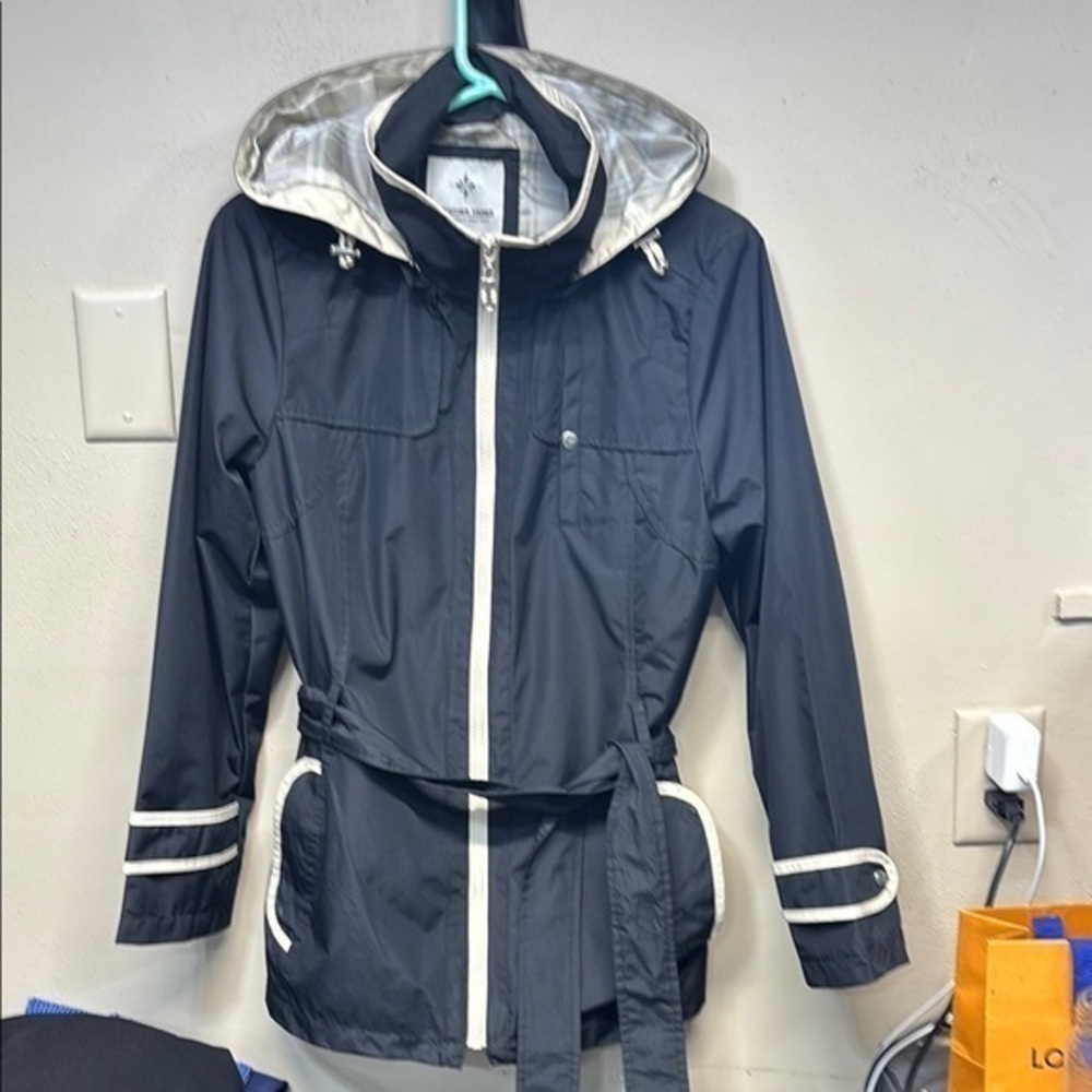 Weather Tamer Black & cream plaid hood full front zip Jacket belted  coat